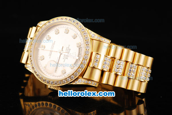 Rolex Day-Date Oyster Perpetual Automatic Movement Full Gold with Diamond Hour Marker and Diamonds Bezel - Click Image to Close